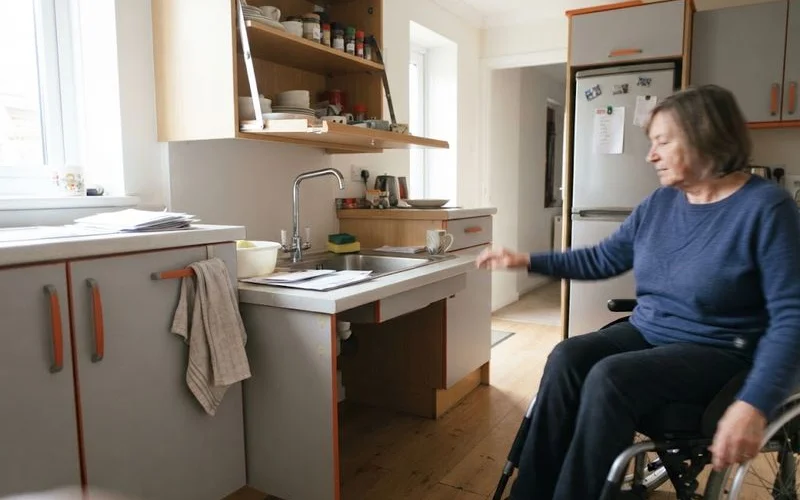 An accessible kitchen with a lowered worktop section and clear space underneath for wheelchair access