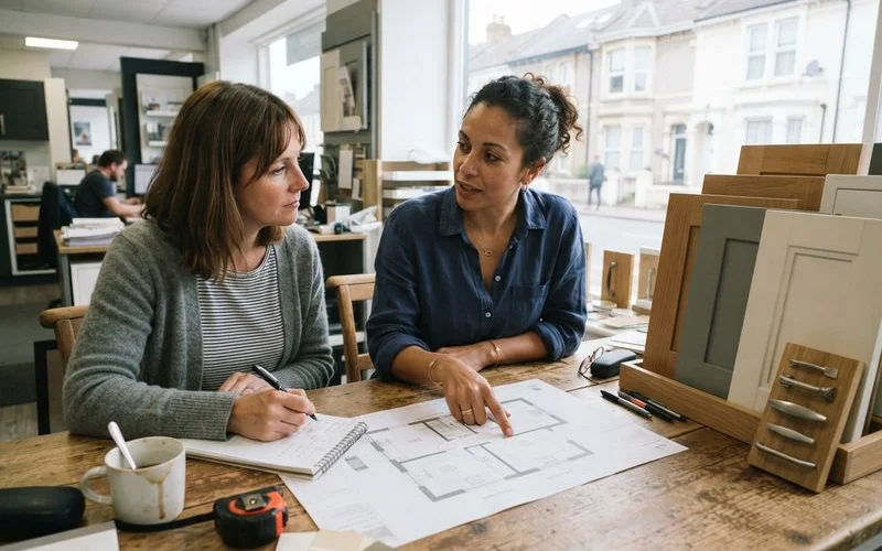 A kitchen designer sketching a bespoke cabinetry layout on paper during an initial design consultation