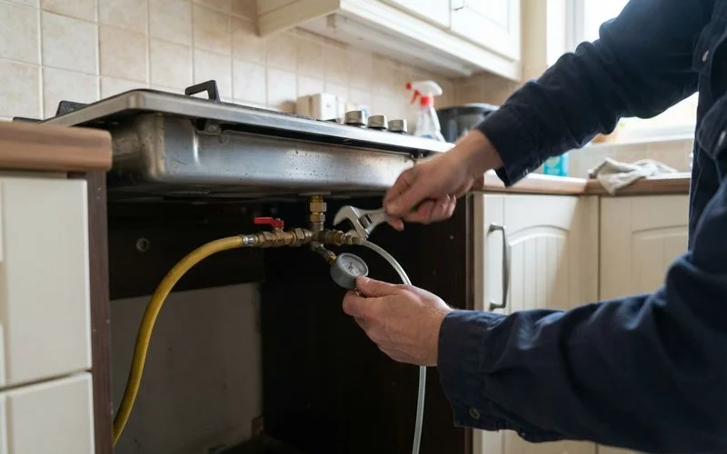 A Gas Safe registered engineer checking a gas hob connection during a kitchen installation