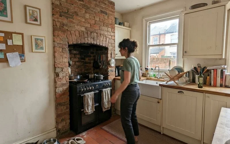 A narrow galley-style kitchen in a Victorian terrace with a chimney breast built into the layout