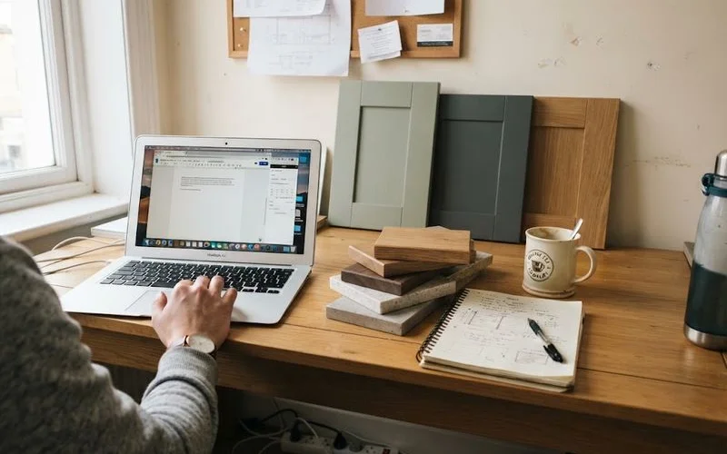 A tidy Bristol kitchen fitter's workshop with worktop samples, a laptop showing a directory listing, and a clipboard of customer review notes