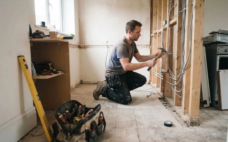 A stripped-out kitchen mid-renovation with exposed first-fix pipework and cabling before units are fitted