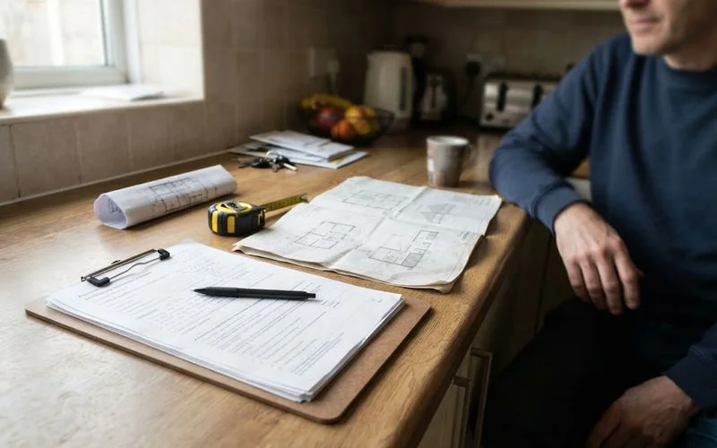 Building control paperwork and a Gas Safe certificate laid out alongside a kitchen renovation plan