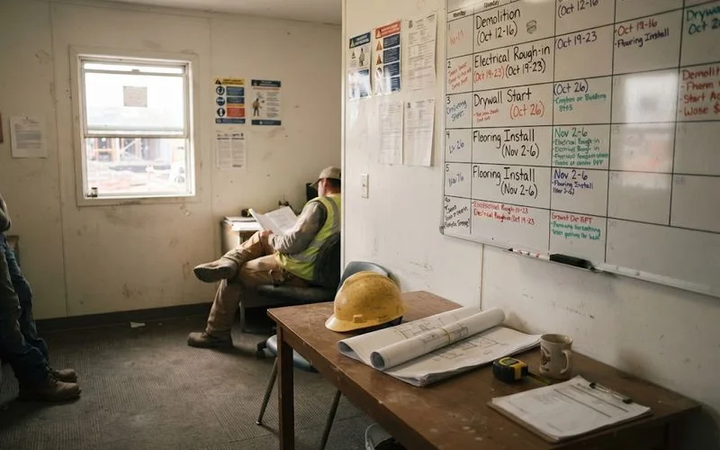 A calendar and a kitchen renovation schedule pinned to a wall showing staged work over several weeks