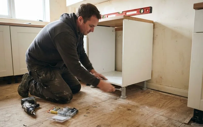 A kitchen fitter levelling a base unit against a wall using a spirit level during installation
