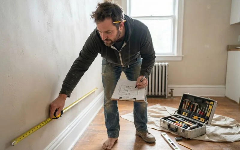 A tradesperson measuring a kitchen wall and cabinet run with a tape measure before quoting a fitting job