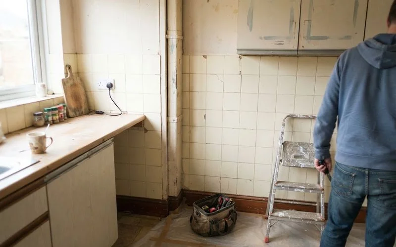 A stripped-out older kitchen wall showing original tiling and pipework before renovation work begins