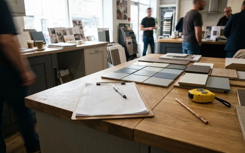 Close-up of a hand marking a checklist against a printed ranking rubric next to a row of kitchen cabinet sample doors