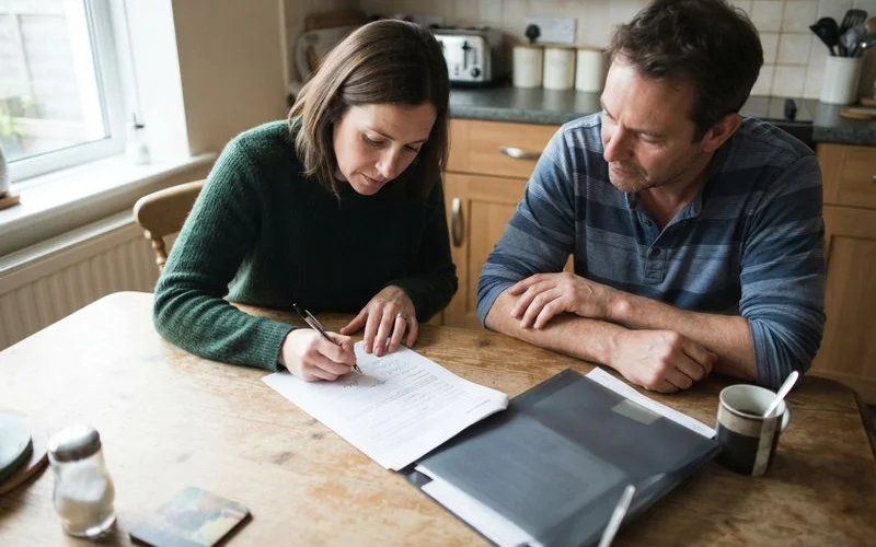 A homeowner reviewing a written kitchen fitting contract with itemised costs and a payment schedule