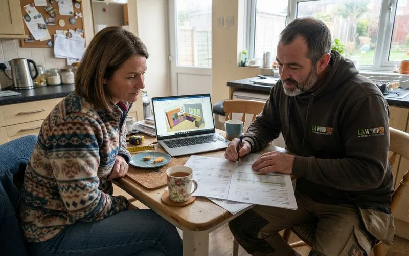 A homeowner and a kitchen fitter reviewing a written quote together at a kitchen table