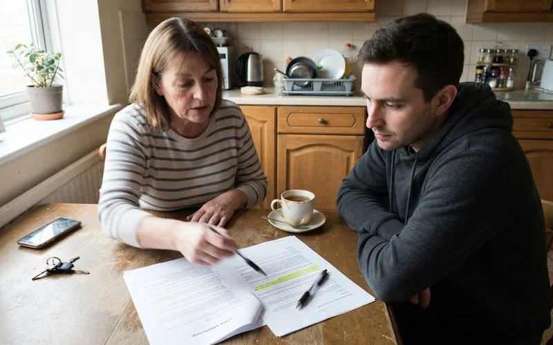 A leaseholder reviewing lease documents and a proposed kitchen renovation plan at a table