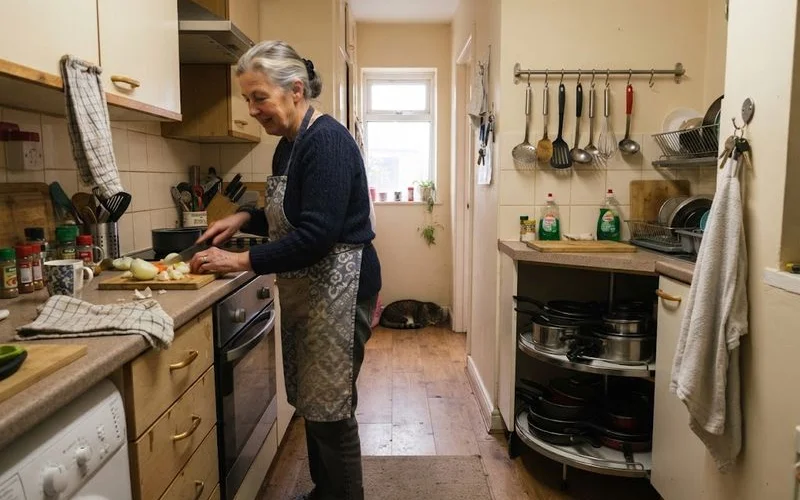 A small galley kitchen in a converted flat making use of tall units and open shelving for storage